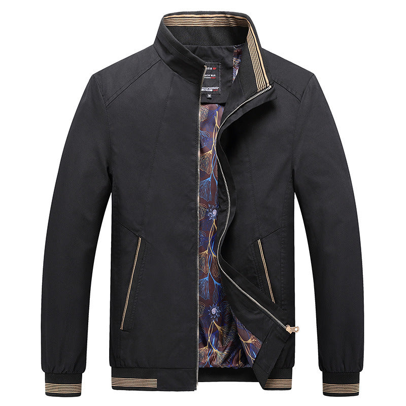 Herren Leichte Harrington-Jacke mit Stehkragen, verdecktem Reißverschluss, gestreiften Rippbündchen & gemustertem Innenfutter Echoarchiv