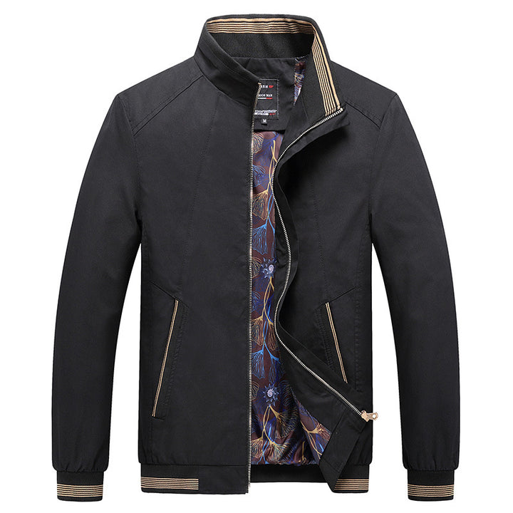Herren Leichte Harrington-Jacke mit Stehkragen, verdecktem Reißverschluss, gestreiften Rippbündchen & gemustertem Innenfutter Echoarchiv