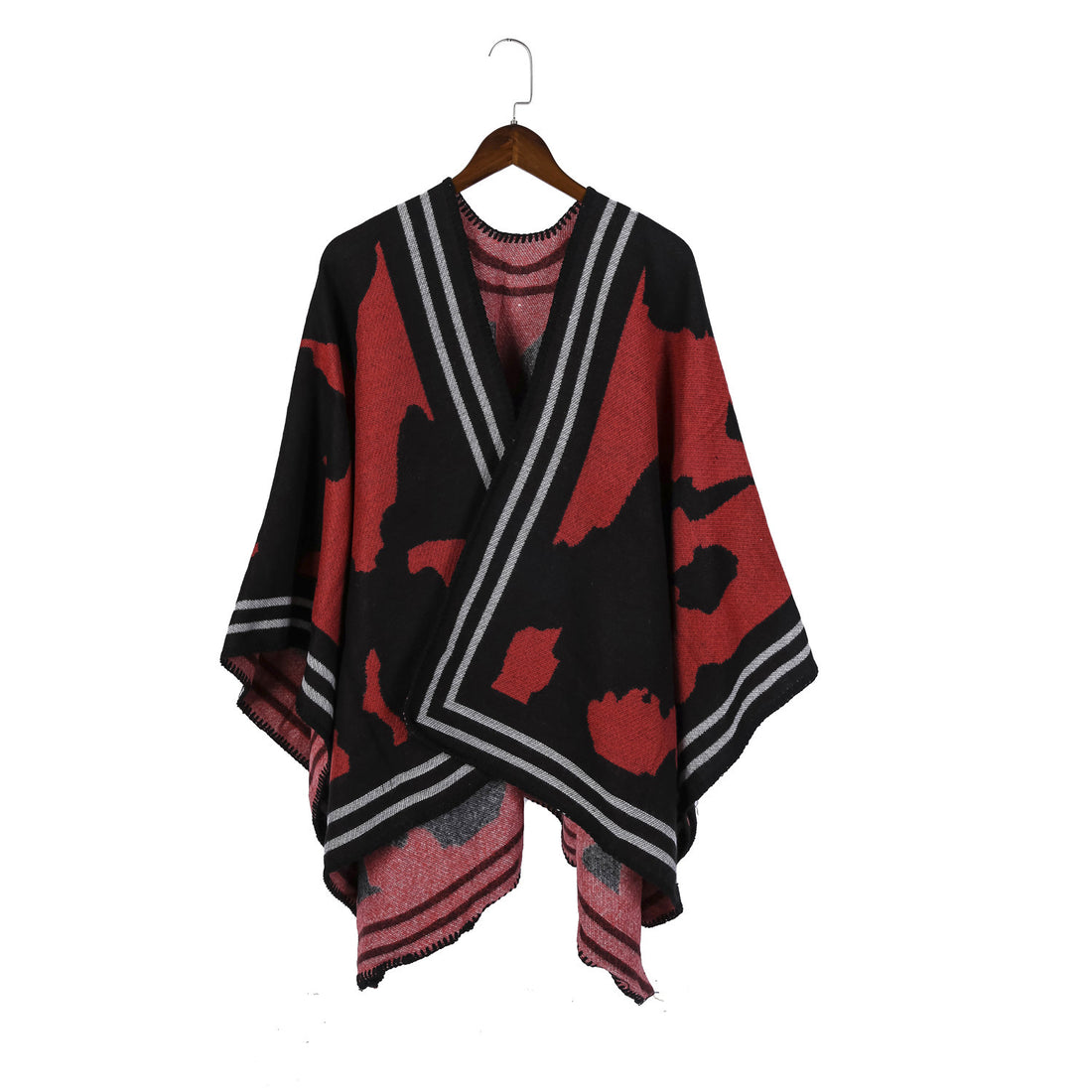 Damen Oversize-Feinstrick-Ruana mit abstraktem Jacquard und kontrastierter Kantenbordüre – Veloura