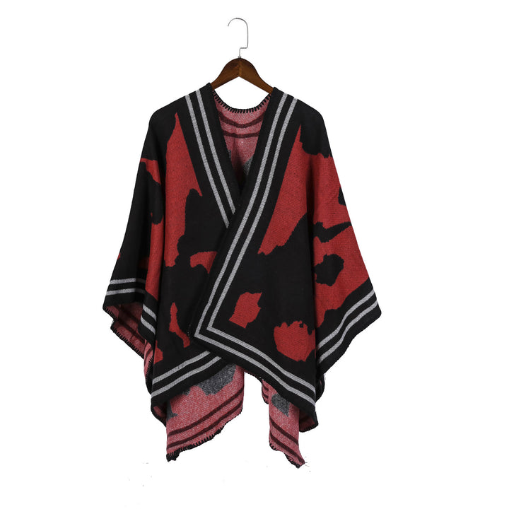 Damen Oversize-Feinstrick-Ruana mit abstraktem Jacquard und kontrastierter Kantenbordüre – Veloura