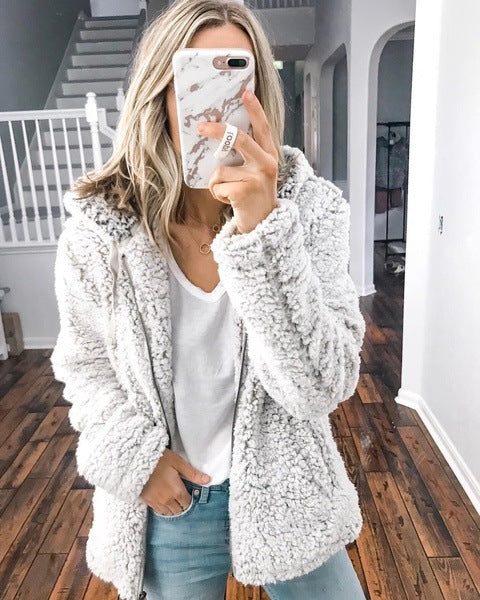 Damen nan kuschelige Teddy-Fleece Übergangsjacke mit Kapuze und Reißverschluss Echo Archiv