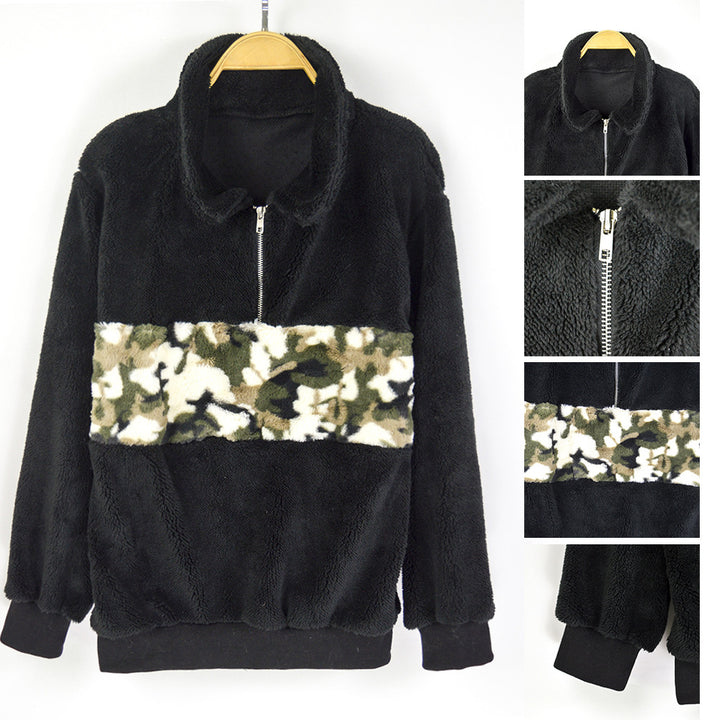 Damen Teddy-Fleece-Pullover mit kurzem Reißverschluss & Camouflage-Bund Echoarchiv