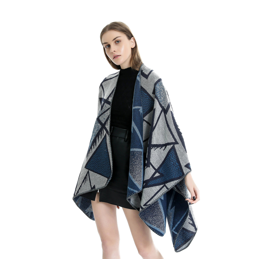 Damen Geometrischer Jacquard-Ruana-Überwurf mit offenem Fall und Zierkante – Avérine