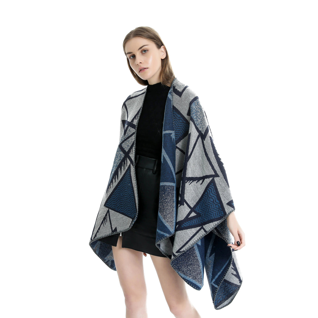 Damen Geometrischer Jacquard-Ruana-Überwurf mit offenem Fall und Zierkante – Avérine