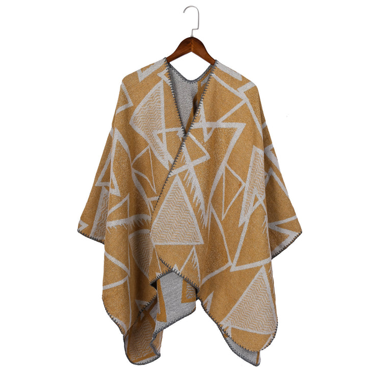 Damen Geometrischer Jacquard-Ruana-Überwurf mit offenem Fall und Zierkante – Avérine