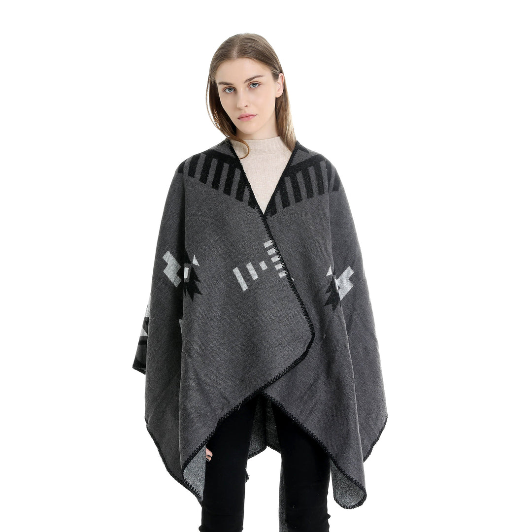 Damen Jacquard-Ruana-Umhang mit geometrischem Muster und Wendefinish Echo Archiv