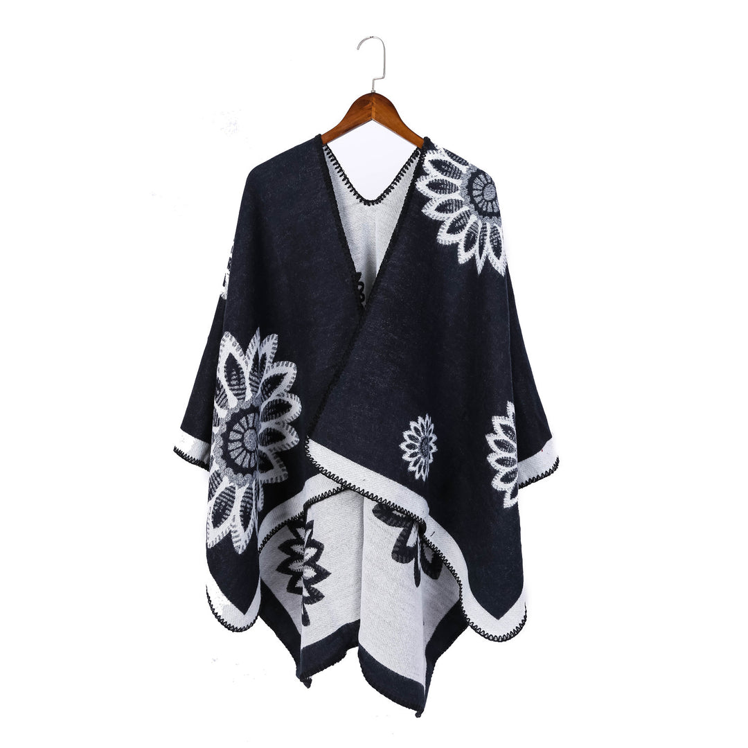 Damen Wollmix‑Ruana mit floraler Intarsienjacquard und offener Kimono‑Silhouette – Veloura