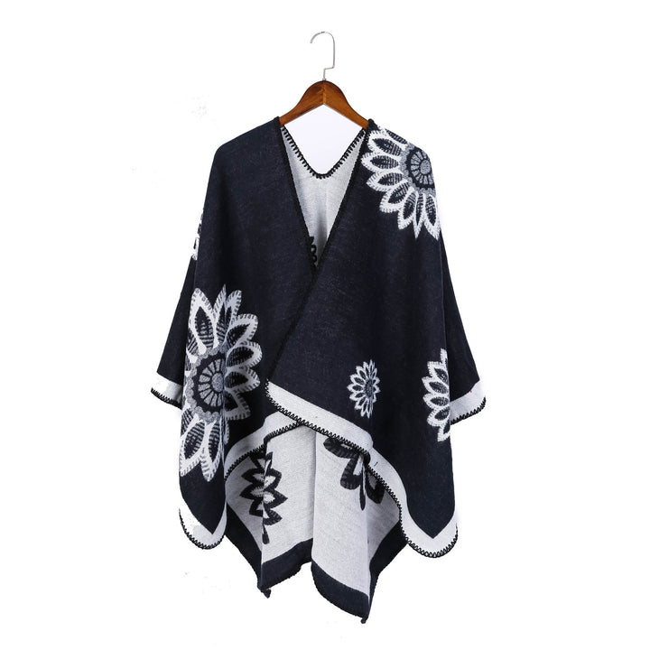 Damen Wollmix‑Ruana mit floraler Intarsienjacquard und offener Kimono‑Silhouette – Veloura