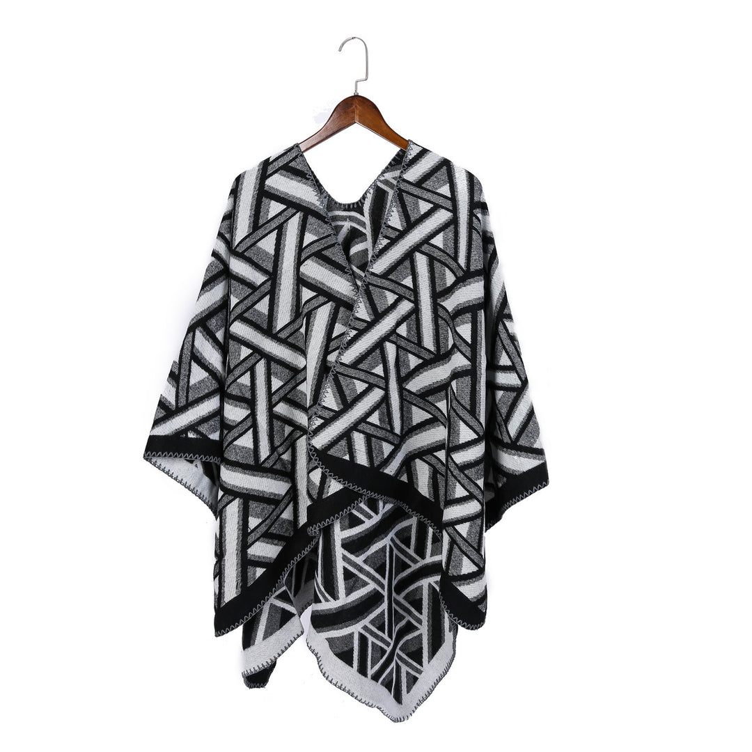 Damen Oversize-Ruana mit geometrischem Jacquard und Ziernaht – Avérine