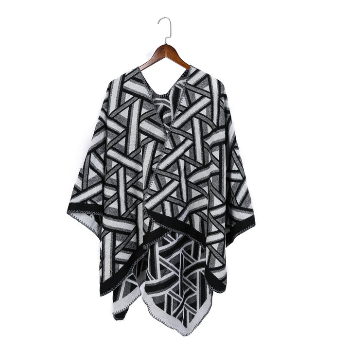 Damen Oversize-Ruana mit geometrischem Jacquard und Ziernaht – Avérine