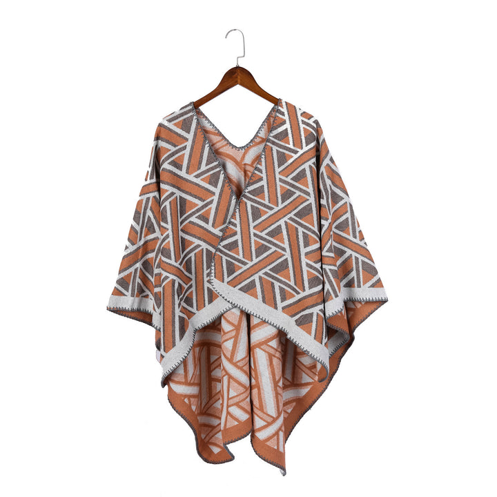 Damen Oversize-Ruana mit geometrischem Jacquard und Ziernaht – Avérine