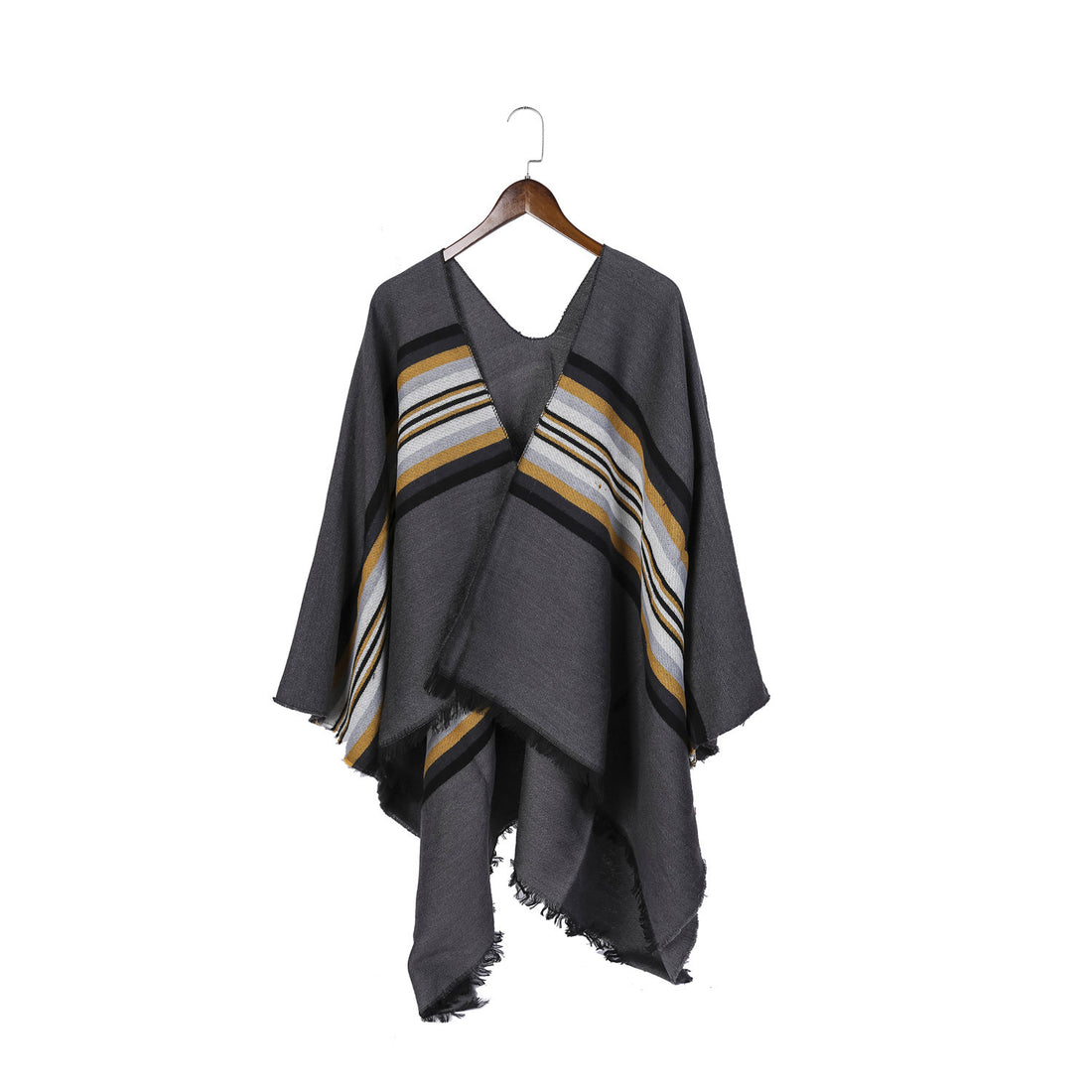 Damen Lässiger Ruana-Poncho aus Wollmix mit asymmetrischem Zipfel und feinem Streifenjacquard – Célinea