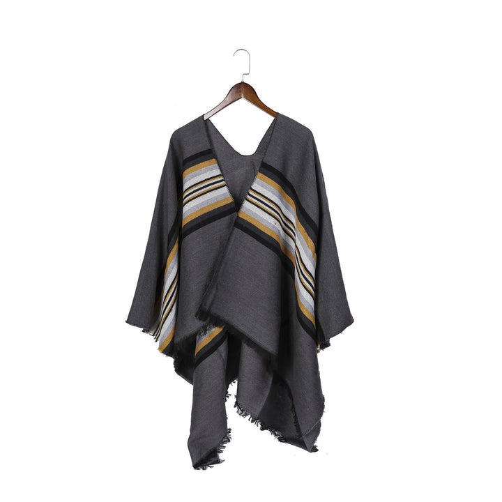 Damen Lässiger Ruana-Poncho aus Wollmix mit asymmetrischem Zipfel und feinem Streifenjacquard – Célinea
