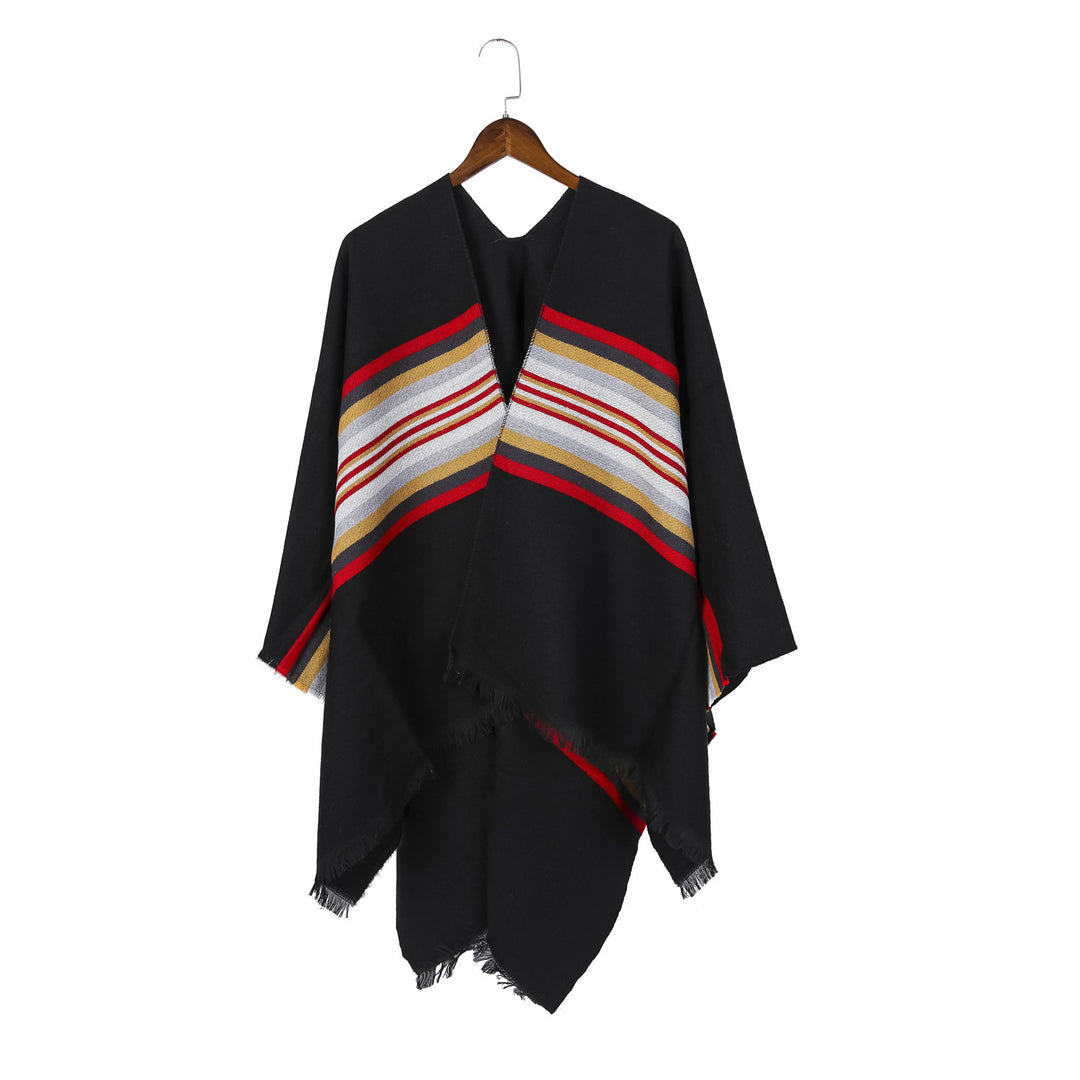 Damen Lässiger Ruana-Poncho aus Wollmix mit asymmetrischem Zipfel und feinem Streifenjacquard – Célinea