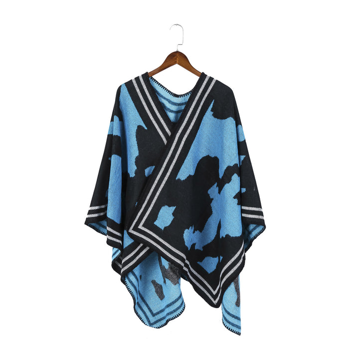 Damen Oversize-Feinstrick-Ruana mit abstraktem Jacquard und kontrastierter Kantenbordüre – Veloura