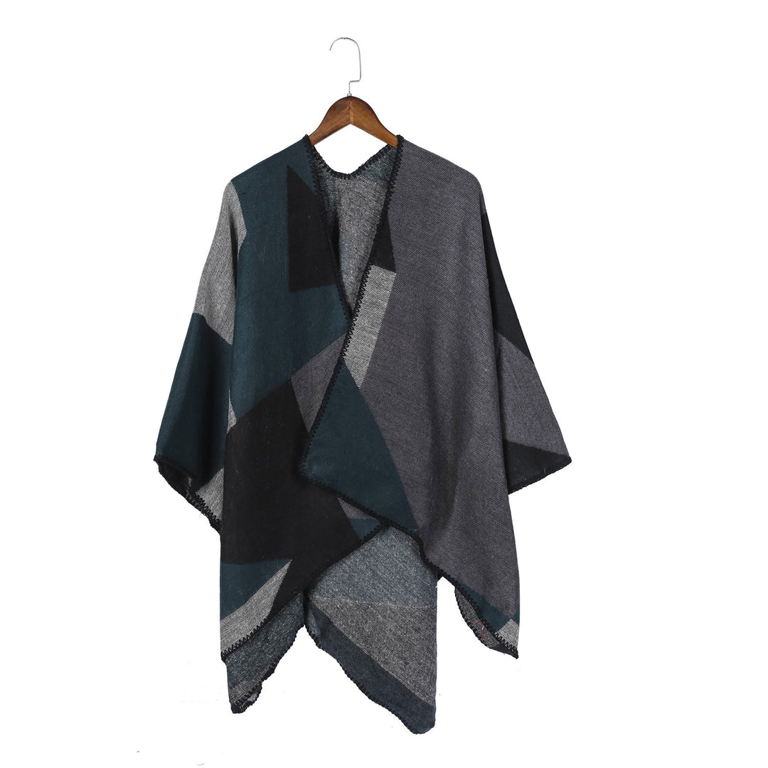 Damen Geometrischer Ruana-Überwurf aus Wollmix mit feiner Häkelkante Echo Archiv