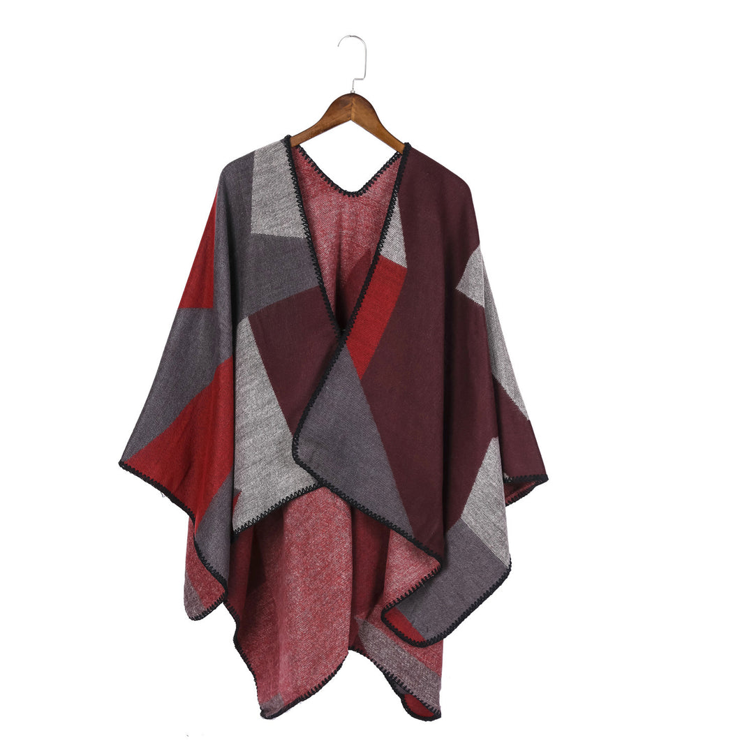 Damen Geometrischer Ruana-Überwurf aus Wollmix mit feiner Häkelkante Echo Archiv
