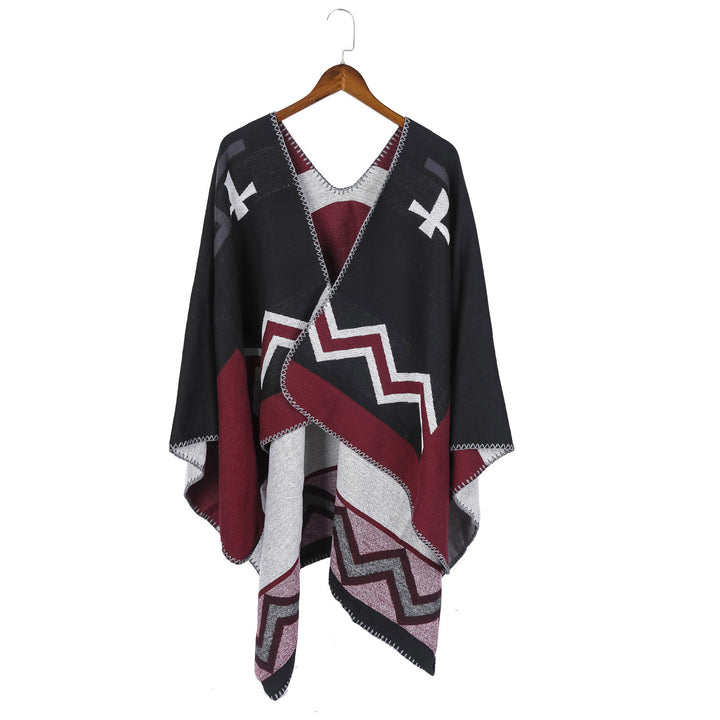 Damen Geometrischer Jacquard‑Ruana‑Überwurf mit V‑Ausschnitt und Zierstichkante – Célinea