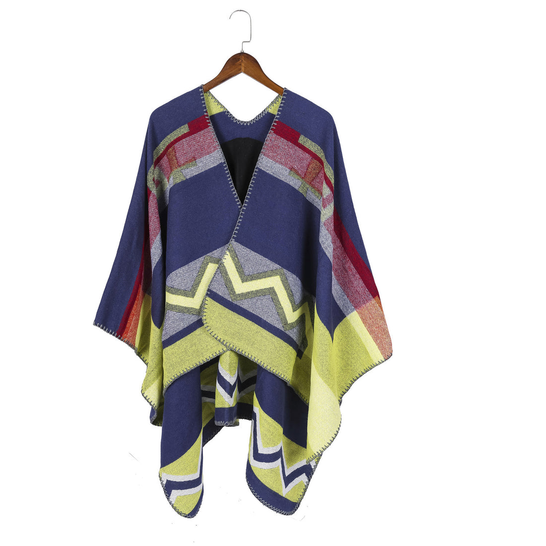 Damen Geometrischer Jacquard‑Ruana‑Überwurf mit V‑Ausschnitt und Zierstichkante – Célinea