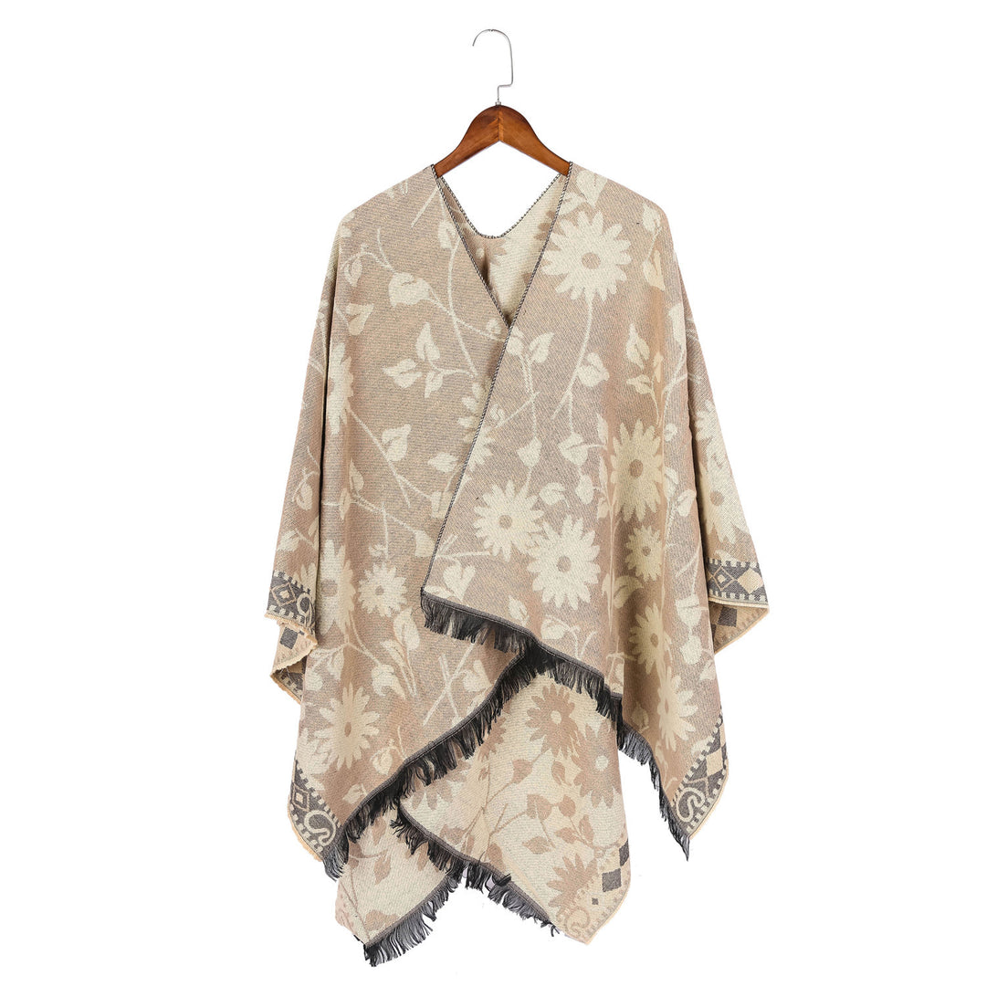 Damen Jacquard‑Ruana‑Poncho mit floralem Jacquard, Fransensaum und weichem Wollmix – Montévia