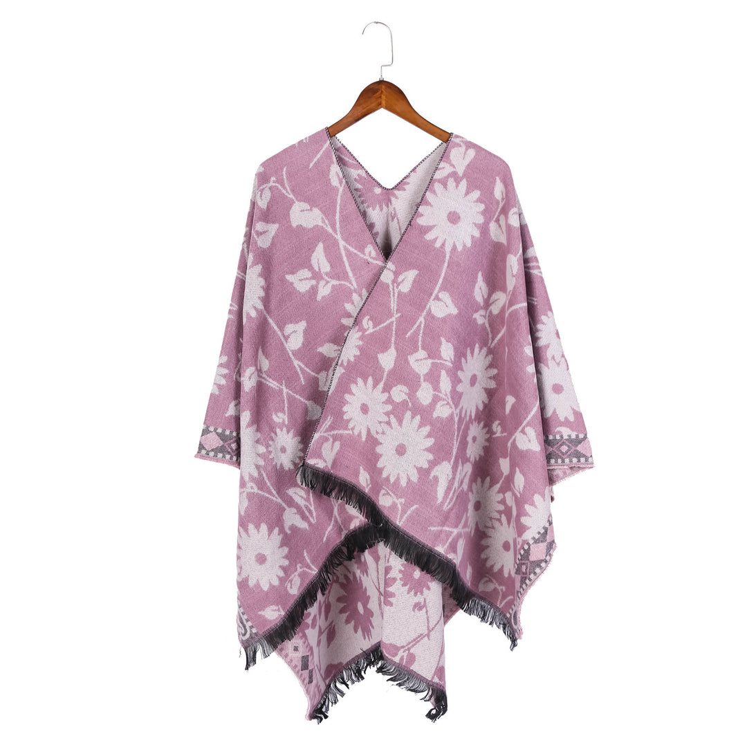 Damen Jacquard‑Ruana‑Poncho mit floralem Jacquard, Fransensaum und weichem Wollmix – Montévia