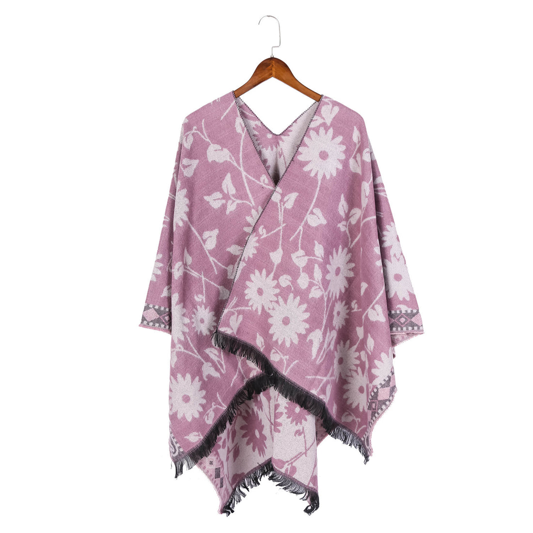 Damen Jacquard‑Ruana‑Poncho mit floralem Jacquard, Fransensaum und weichem Wollmix – Montévia