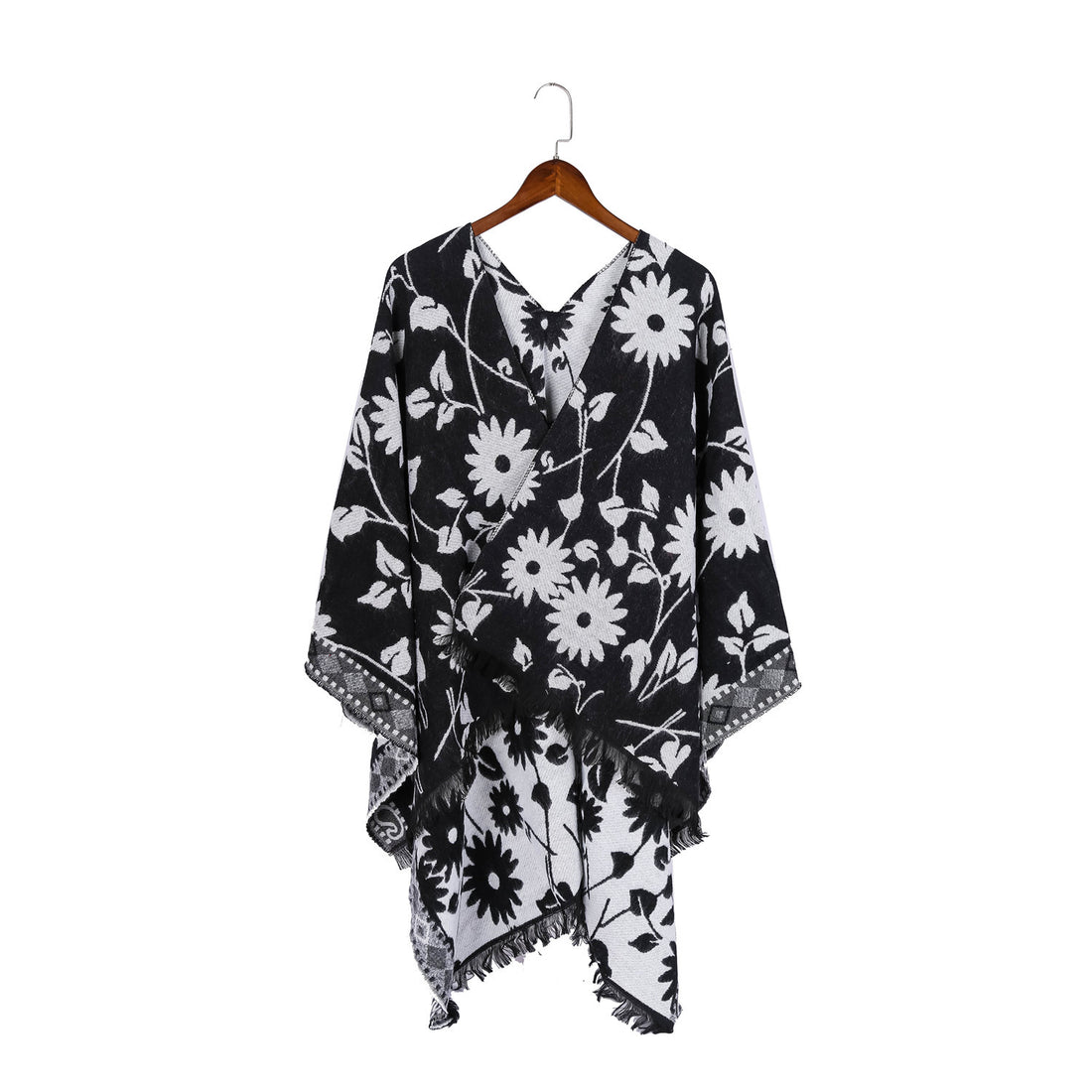 Damen Jacquard‑Ruana‑Poncho mit floralem Jacquard, Fransensaum und weichem Wollmix – Montévia