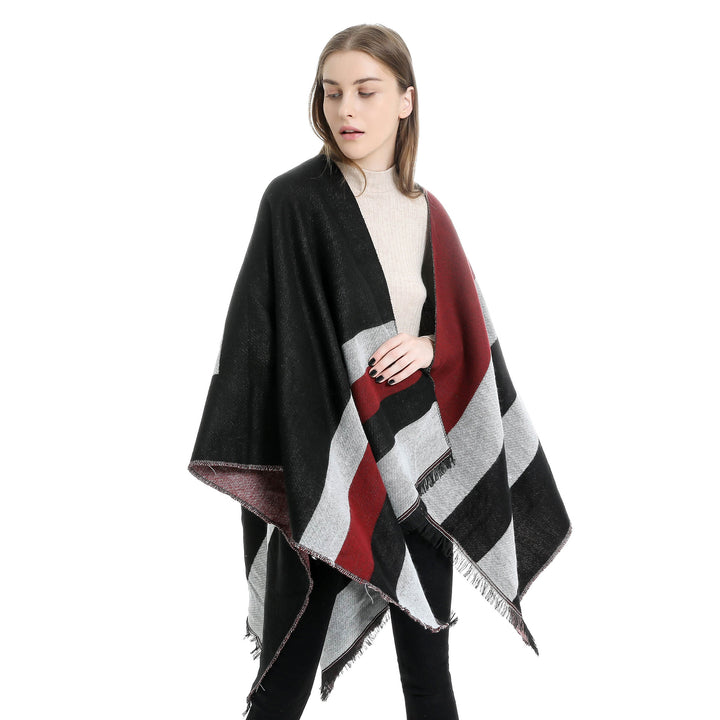Damen Oversize-Wickelruana im Diagonalstreifen mit Fransenrand Echo Archiv