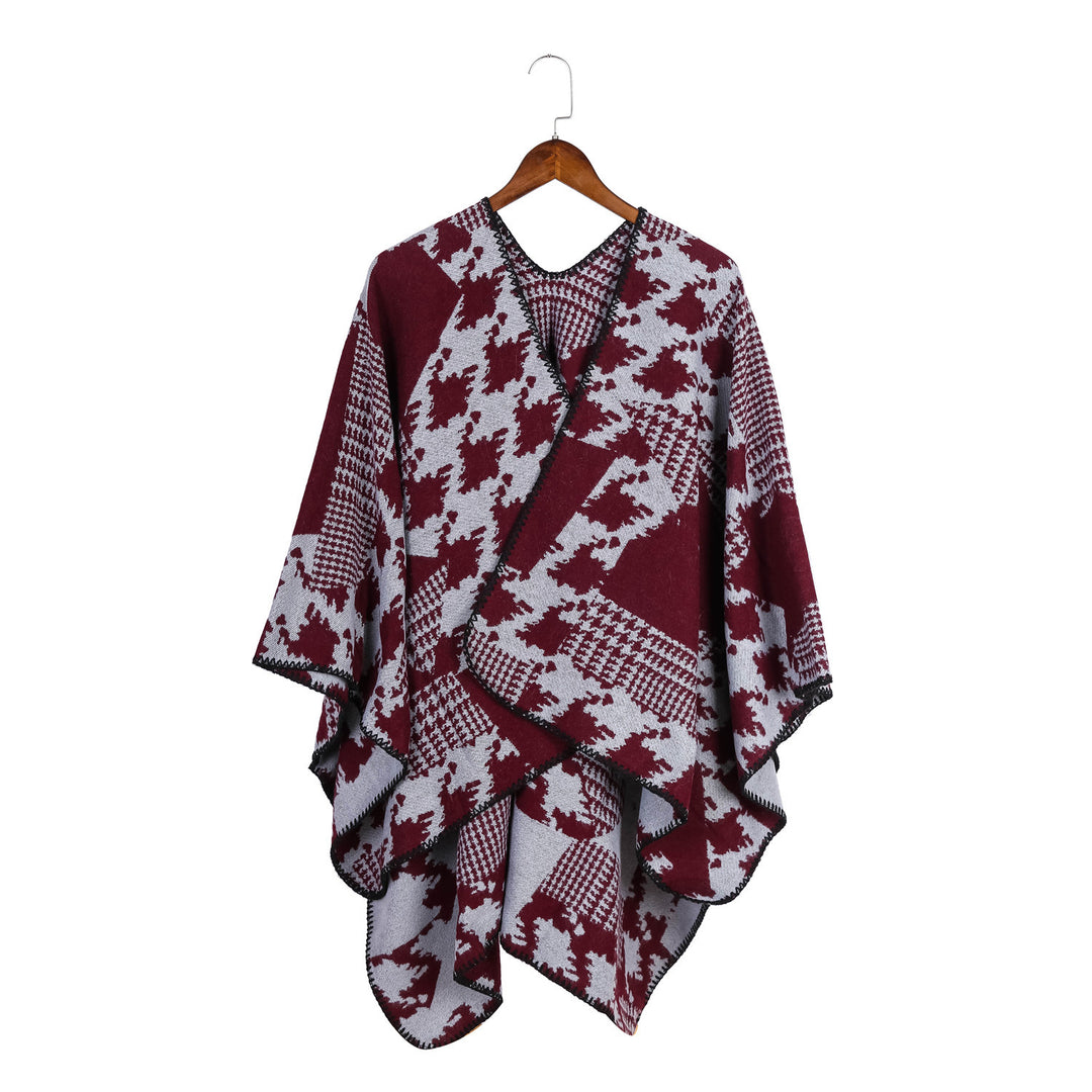 Damen Cape‑Poncho im Ruana‑Schnitt mit dekorativer Kettelkante und zweifarbiger Jacquardstruktur – Montévia