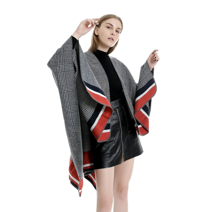Damen Oversize-Ruana aus Wollmix mit Karojacquard und farbigem Streifenrand – Avérine