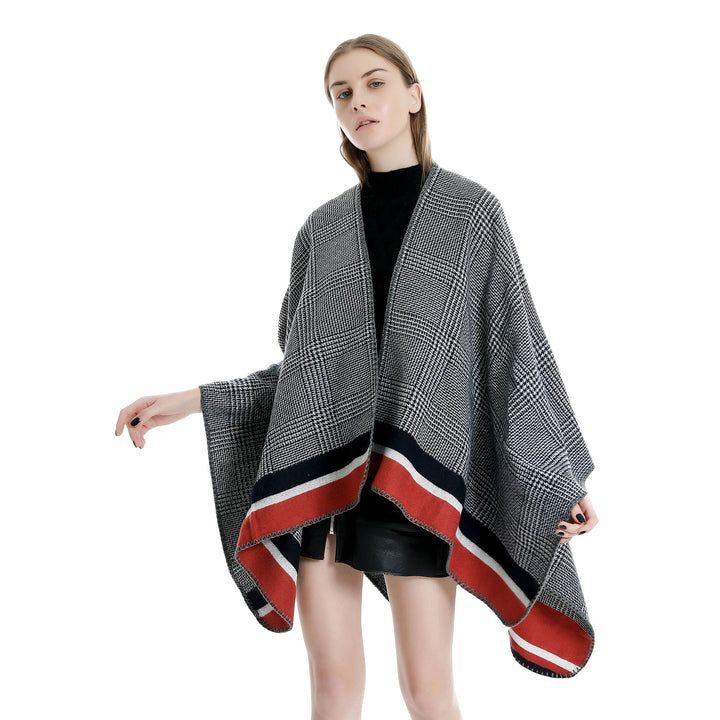 Damen Oversize-Ruana aus Wollmix mit Karojacquard und farbigem Streifenrand – Avérine