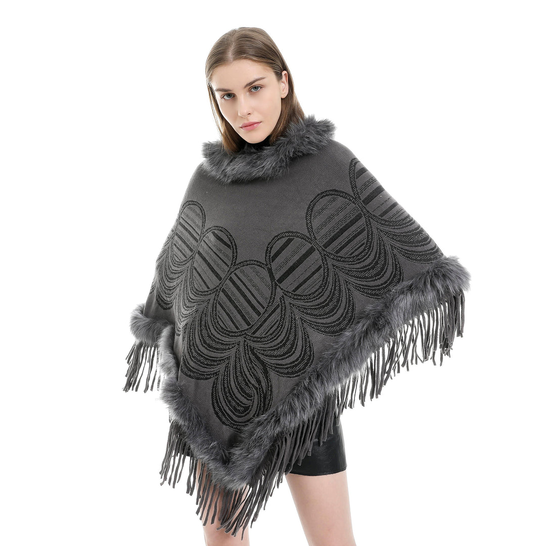 Damen Fransen‑Poncho mit Kunstfellbesatz und Jacquard‑Ruana Echo Archiv