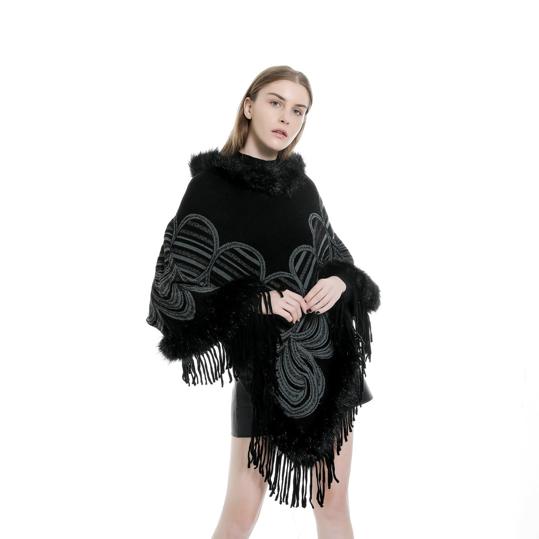 Damen Fransen‑Poncho mit Kunstfellbesatz und Jacquard‑Ruana Echo Archiv