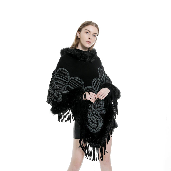 Damen Fransen‑Poncho mit Kunstfellbesatz und Jacquard‑Ruana Echo Archiv