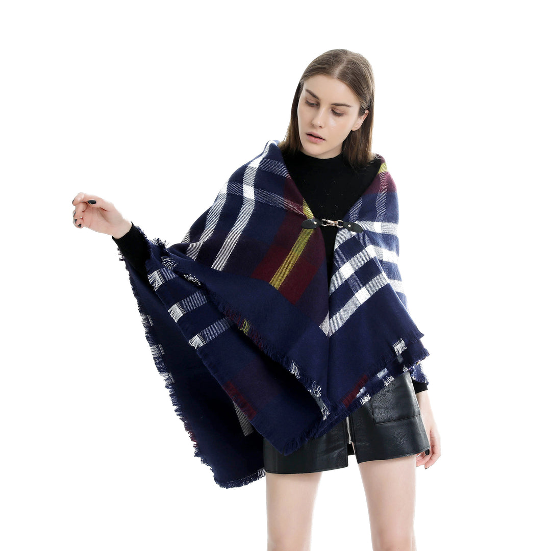 Damen Karierter Wollmix-Capeponcho mit Fransen und Lederverschluss Echo Archiv