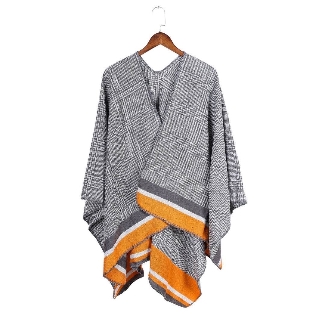 Damen Oversize-Ruana aus Wollmix mit Karojacquard und farbigem Streifenrand – Avérine