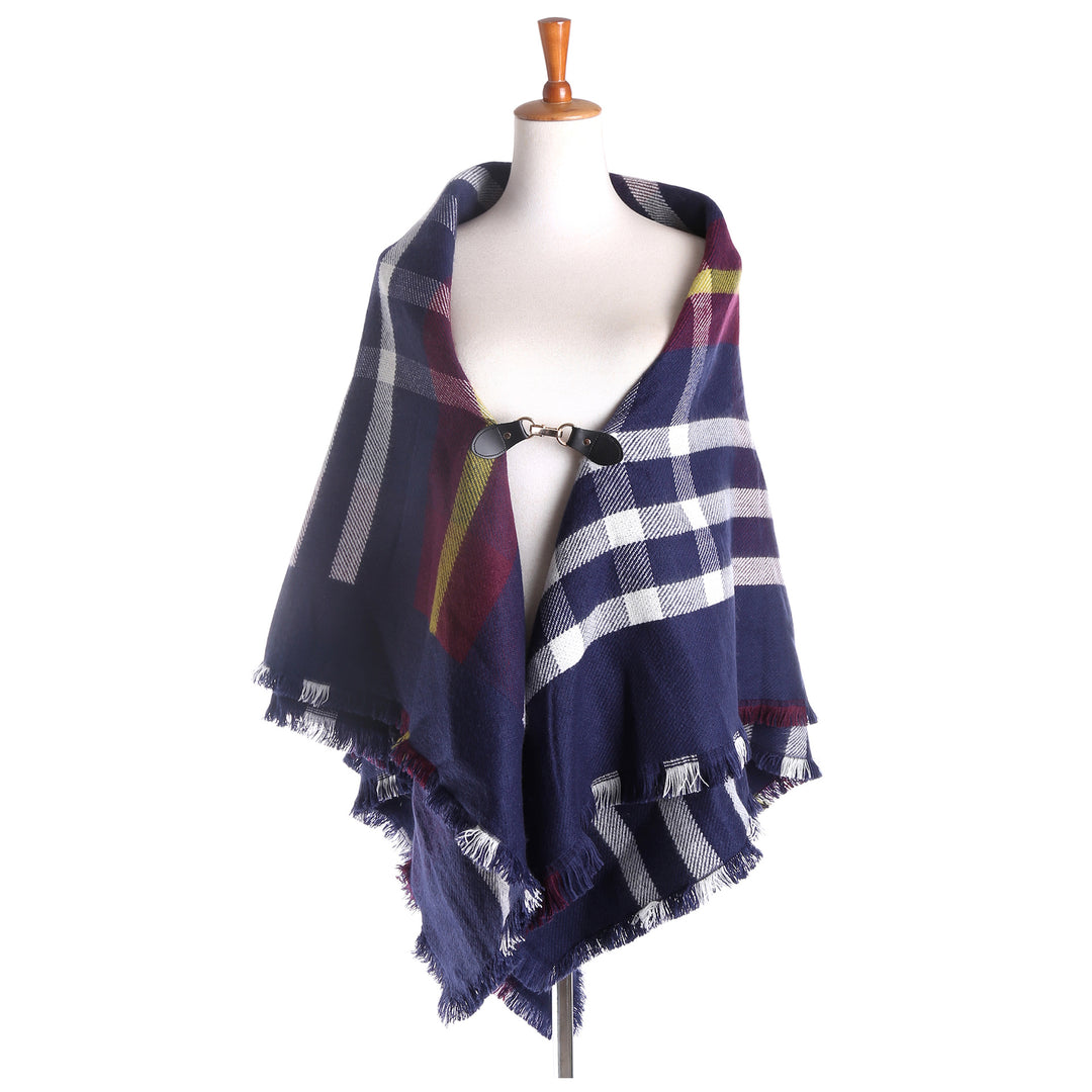 Damen Karierter Wollmix-Capeponcho mit Fransen und Lederverschluss Echo Archiv