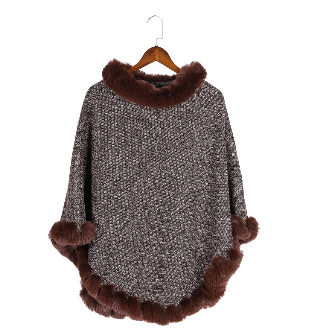 Damen Fein gestrickter Ruana-Poncho mit Kunstfellbesatz und asymmetrischem Saum – Célinea