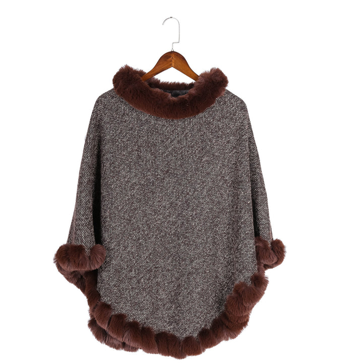 Damen Fein gestrickter Ruana-Poncho mit Kunstfellbesatz und asymmetrischem Saum – Célinea