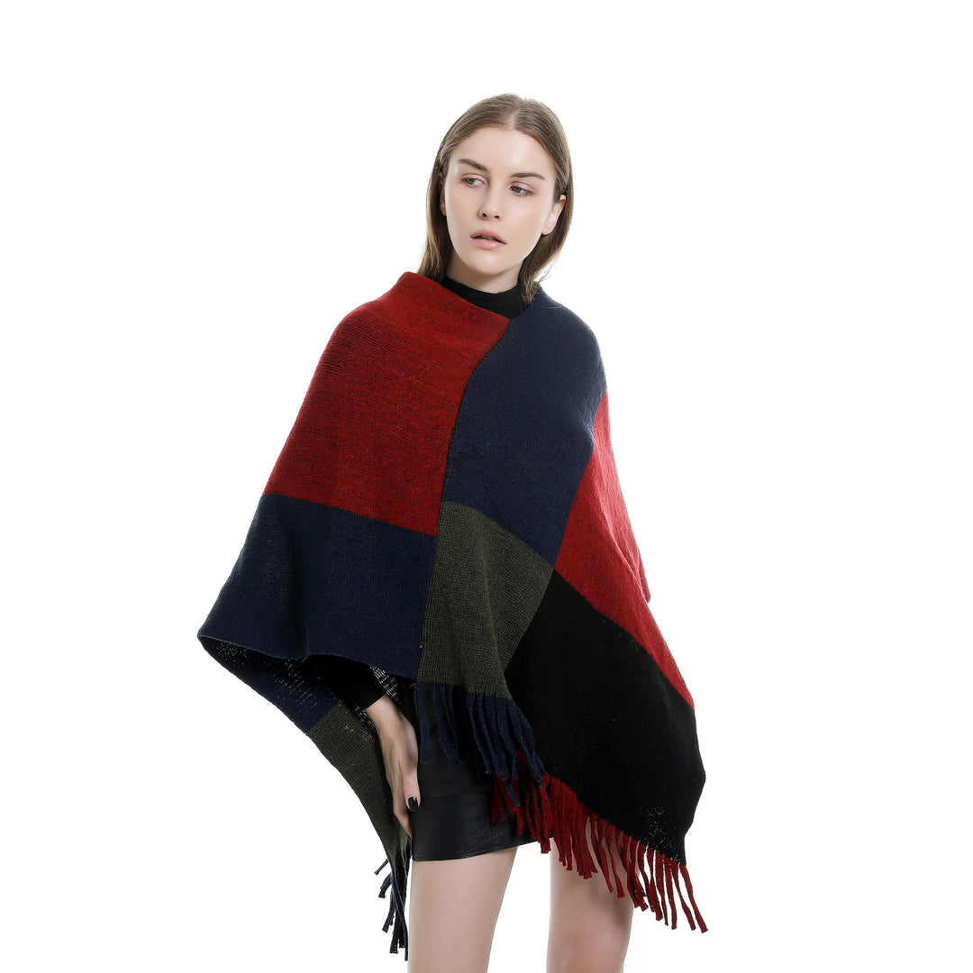 Damen Oversize-Ruana-Poncho mit farbigen Blockelementen und Fransensaum Echo Archiv
