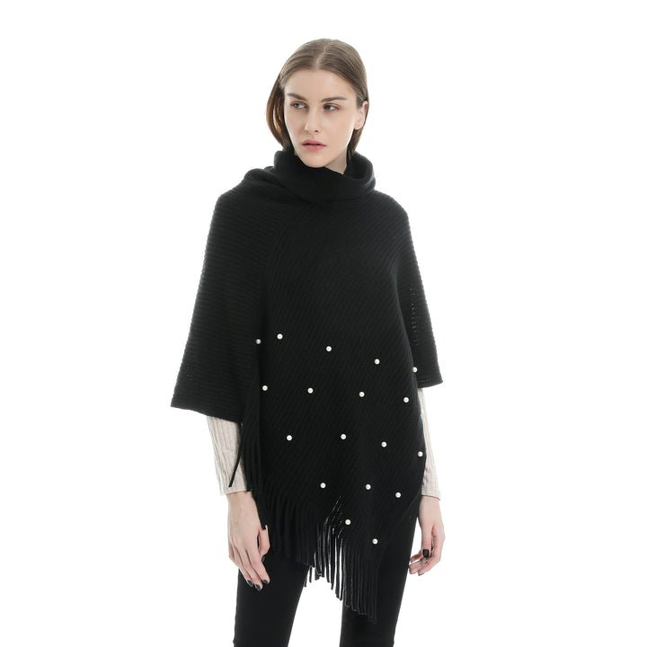 Damen Feinstrick-Poncho mit Rollkragen, Perlenapplikation und Fransensaum Echo Archiv