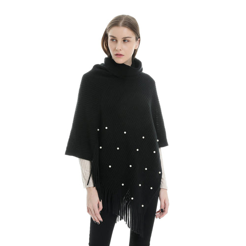 Damen Feinstrick-Poncho mit Rollkragen, Perlenapplikation und Fransensaum Echo Archiv