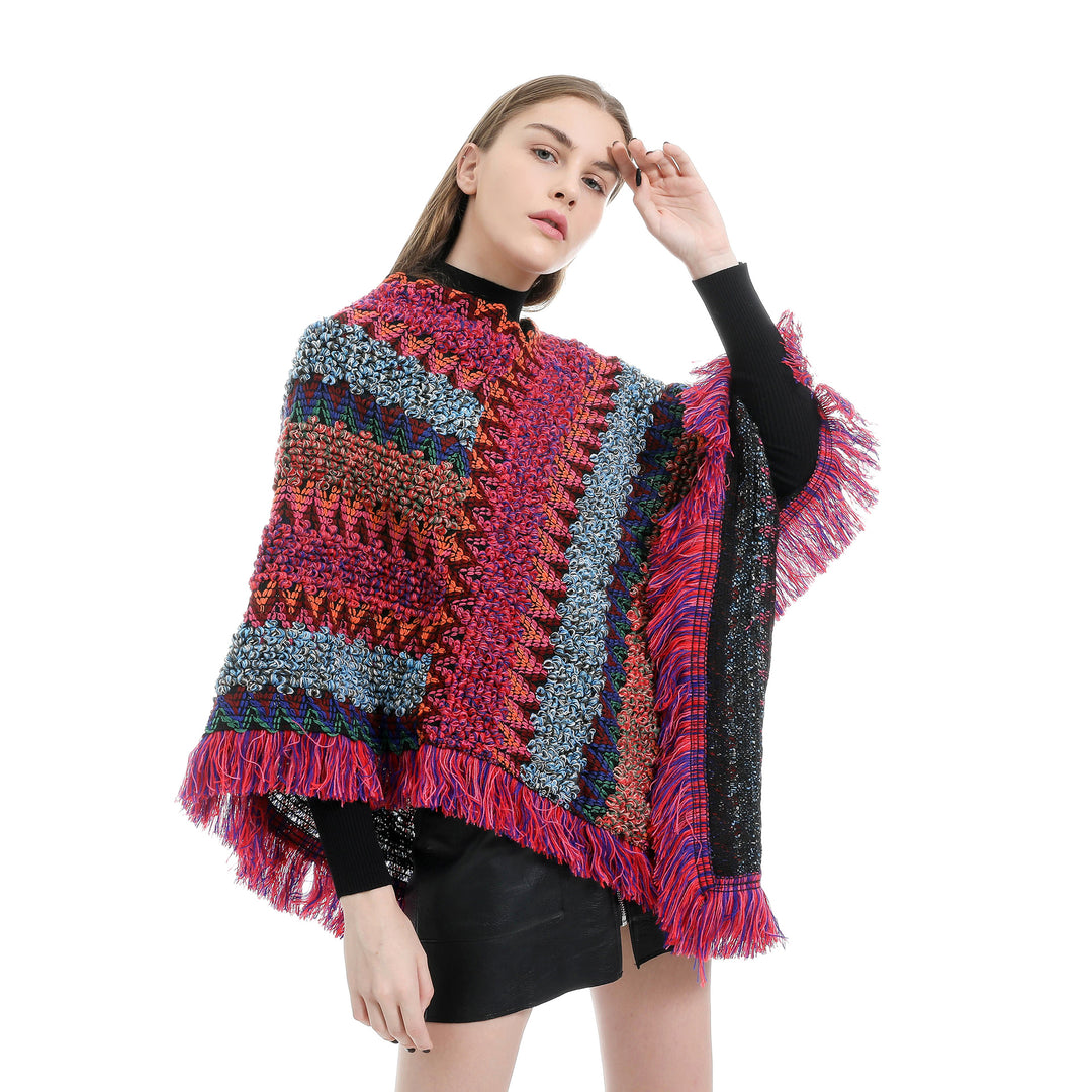 Damen Mehrfarbiger Grobstrick-Poncho mit Zickzack-Jacquard und Fransen Echo Archiv