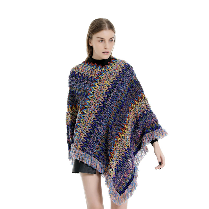 Damen Mehrfarbiger Grobstrick-Poncho mit Zickzack-Jacquard und Fransen Echo Archiv