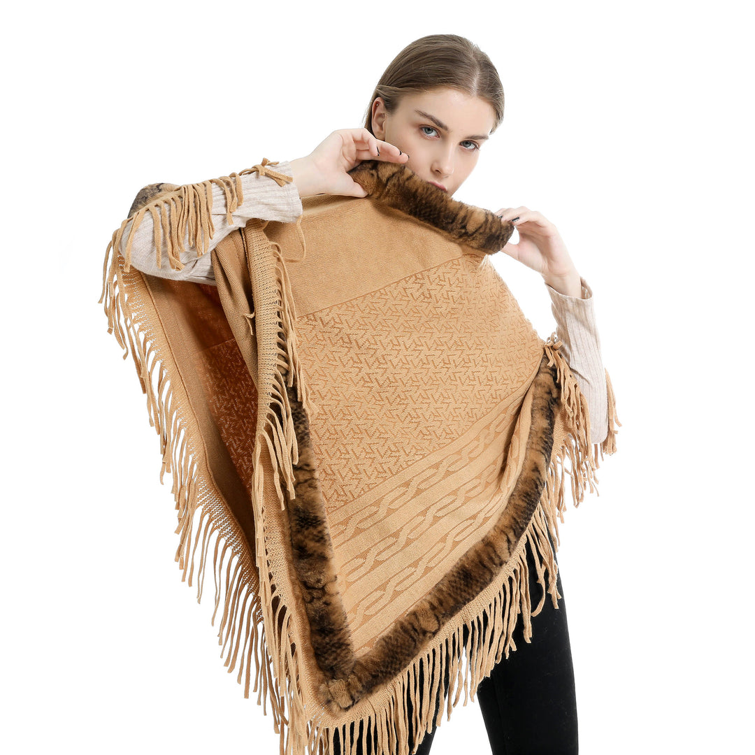 Damen Eleganter Wollmix‑Poncho mit Kunstfellbesatz und Fransensaum Echo Archiv