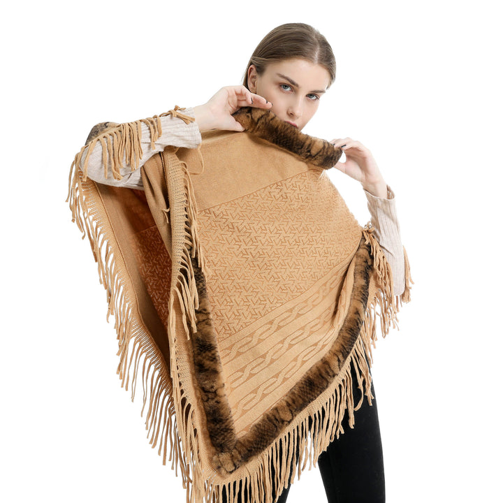 Damen Eleganter Wollmix‑Poncho mit Kunstfellbesatz und Fransensaum Echo Archiv