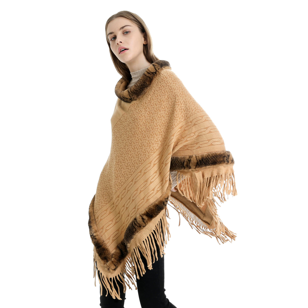 Damen Eleganter Wollmix‑Poncho mit Kunstfellbesatz und Fransensaum Echo Archiv