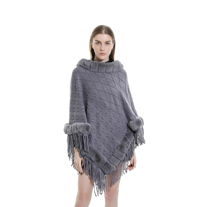 Damen Wolloptik-Ruana mit Kunstfellkragen, Fransensaum und Oversize-Fall Echo Archiv