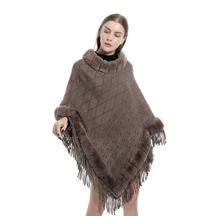 Damen Wolloptik-Ruana mit Kunstfellkragen, Fransensaum und Oversize-Fall Echo Archiv