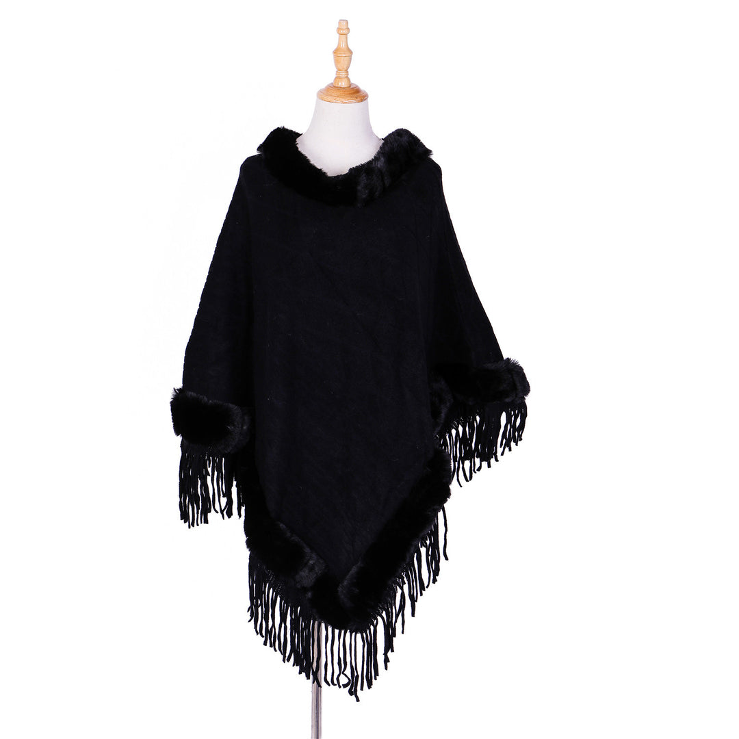 Damen Wolloptik-Ruana mit Kunstfellkragen, Fransensaum und Oversize-Fall Echo Archiv